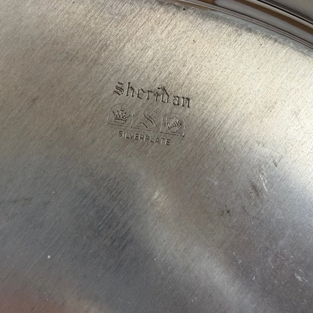 Sheridan‎ Silverplate Round Serving Tray Etched Floral Design with Handles 12in